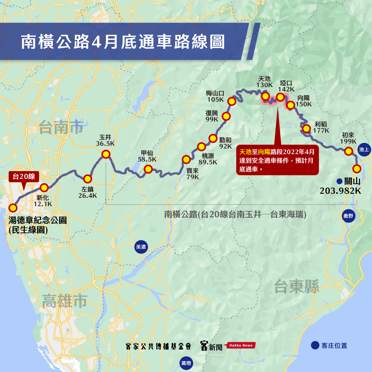 四月底即將通車的路段，將把兩端的客庄：甲仙、寶來–關山、池上串接起來。圖像設計：任紫婕