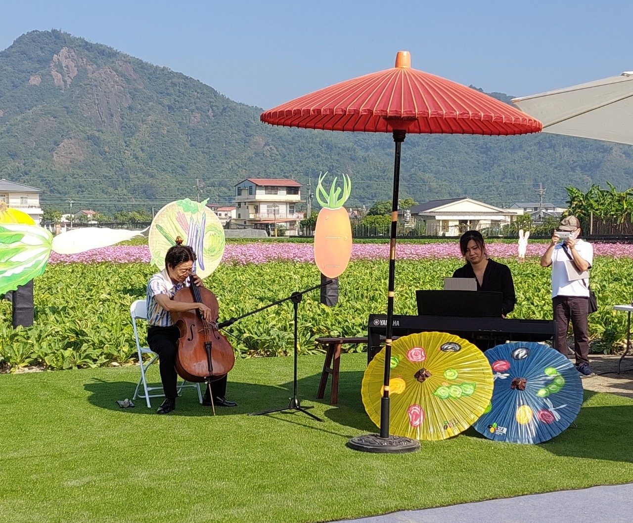 大提琴家張正傑於蘿蔔田間演奏,為蘿蔔祭展開序幕。客家委員會提供