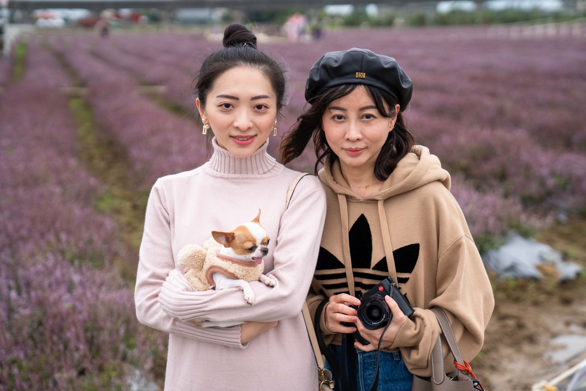 徐小姐(右)說,從網路上得知仙草花節的訊息,今天帶女兒前來欣賞紫色花海。