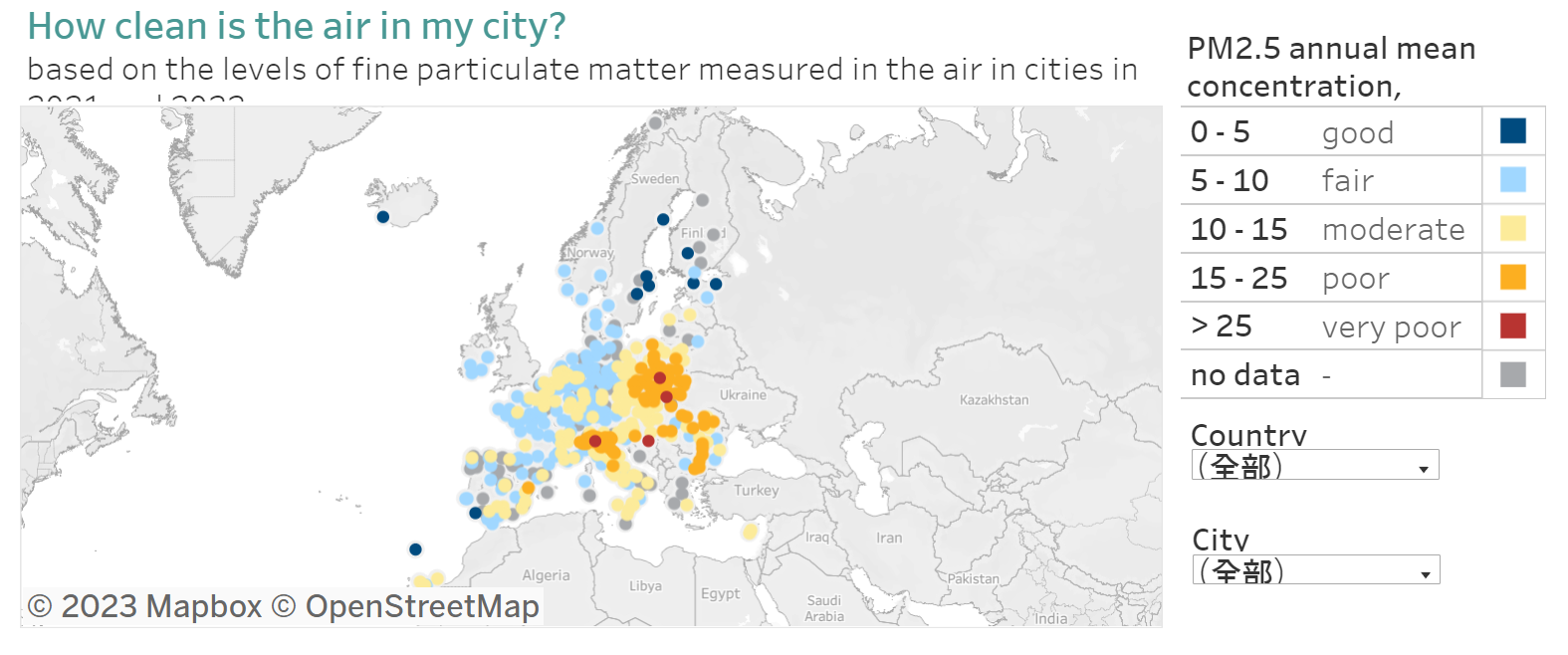 歐洲城市空氣中PM2.5濃度分布圖。翻攝自《歐洲城市空氣品質監看器》官網