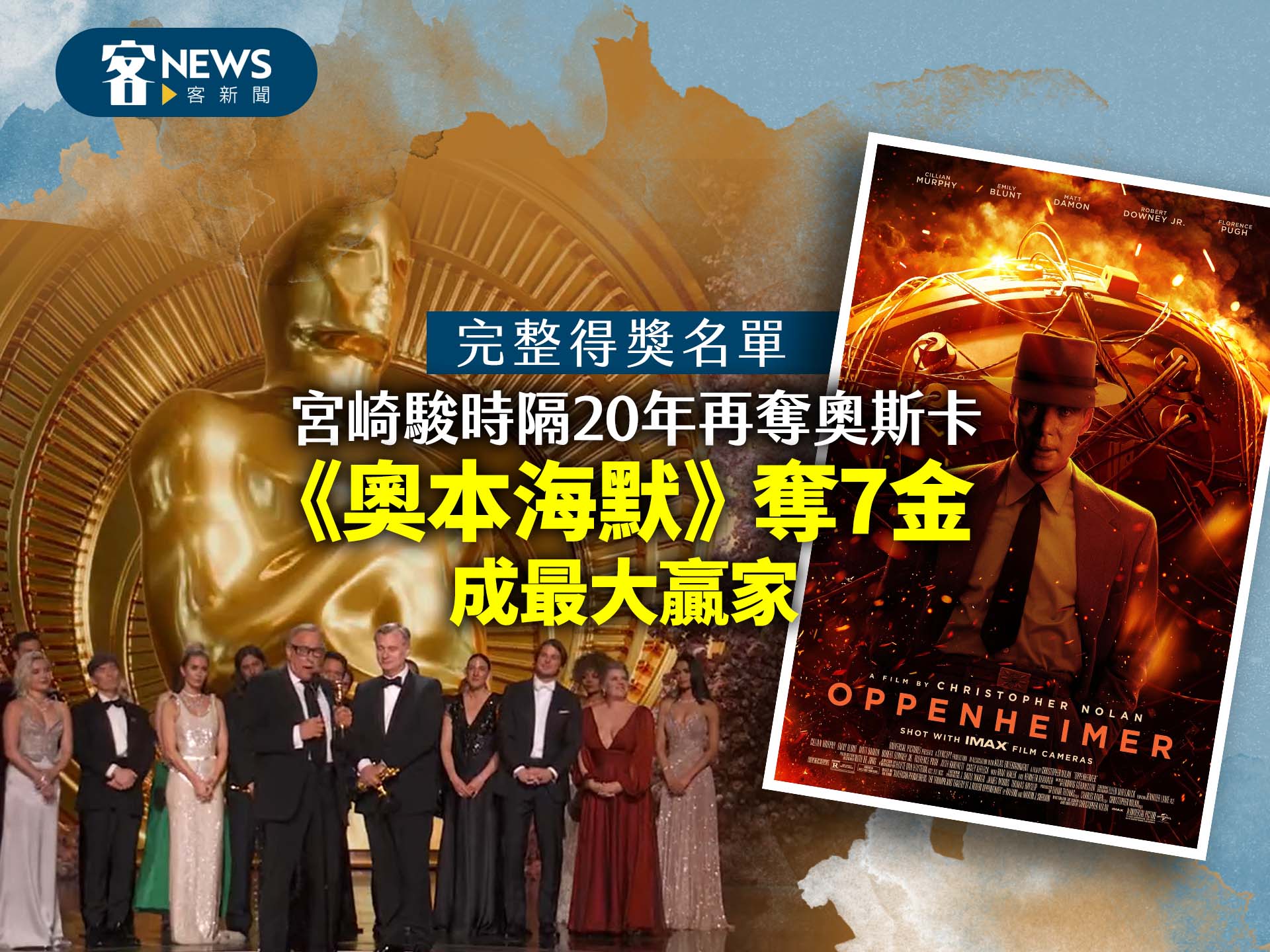 完整得獎名單／宮崎駿時隔20年再奪奧斯卡　《奧本海默》奪7金成最大贏家