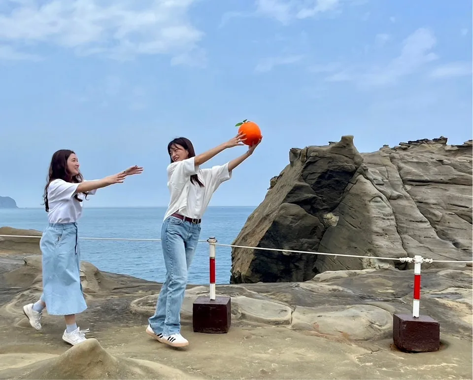 象鼻岩變身超萌水豚君，瑞芳區公所提供大橘子水果道具，讓遊客拍照。瑞芳區公所提供