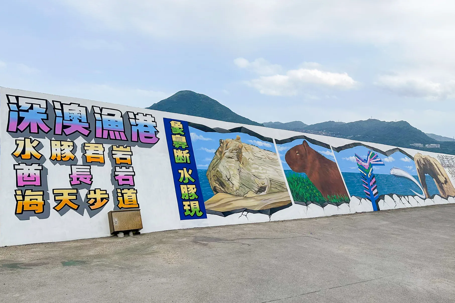 深澳漁港堤防上的彩繪，象鼻岩雖不見，但變成可愛水豚，吸引民眾前來拍照打卡。翻攝網路