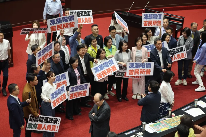 立法院會30日處理國民黨團所提停止調漲電價案,國民黨與民眾黨挾人數優勢通過國民黨團提案,決議立即停止調漲電價。圖為國民黨立委表決後開心合影。中央社