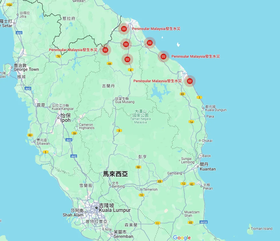 大馬北部多處州屬發生水災。取自GoogleMap