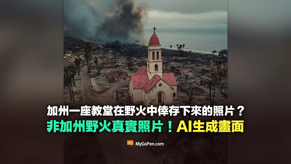 【錯誤】網傳加州一座教堂在野火中倖存下來？非真實照片！AI生成畫面