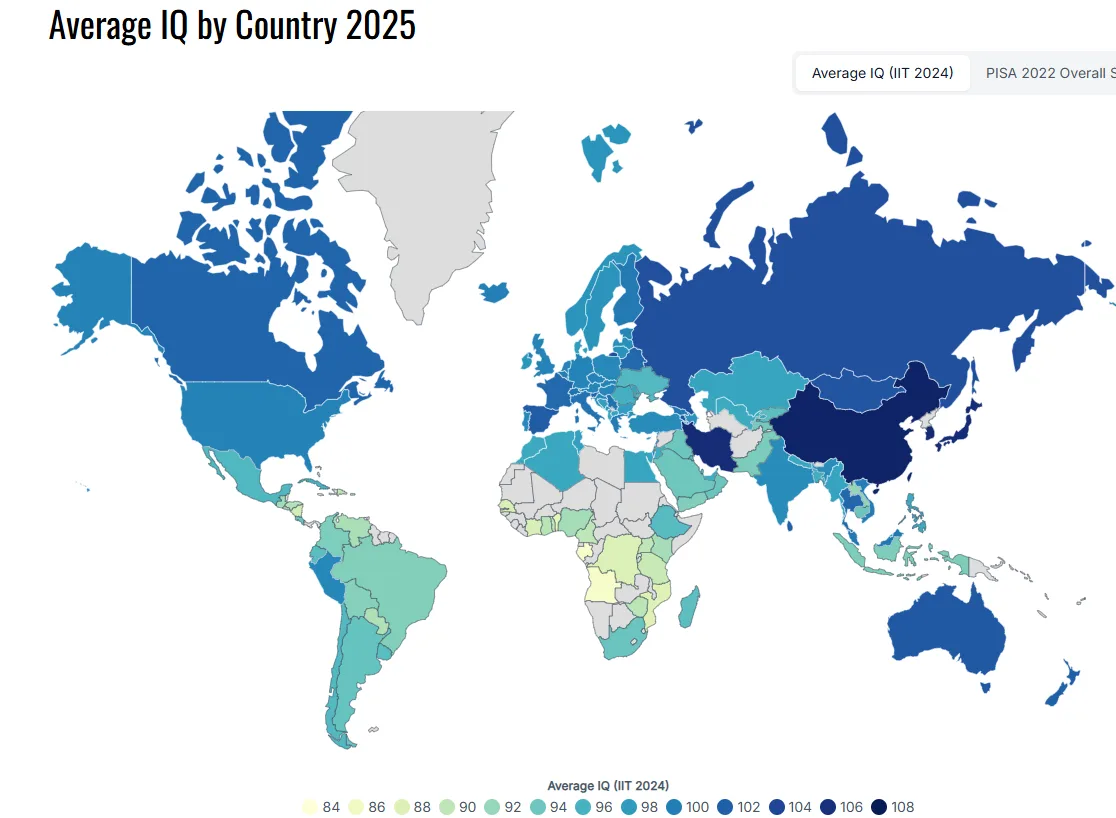 《世界人口綜述（World Population Review）》的「2025全球國家智商排行榜」。截自worldpopulationreview.com