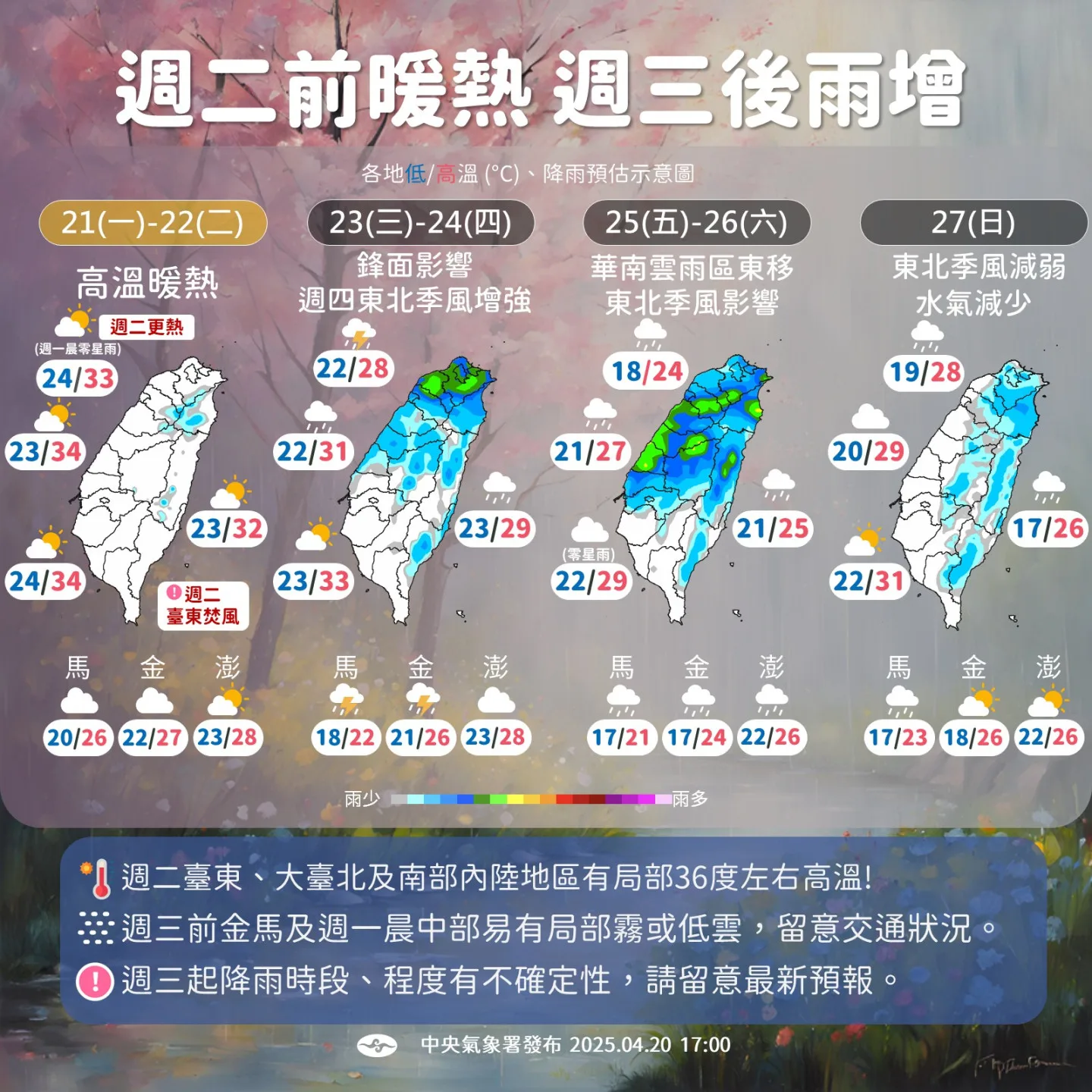 一週天氣呈現今天全台暖熱、明天過後雨增。中央氣象署提供