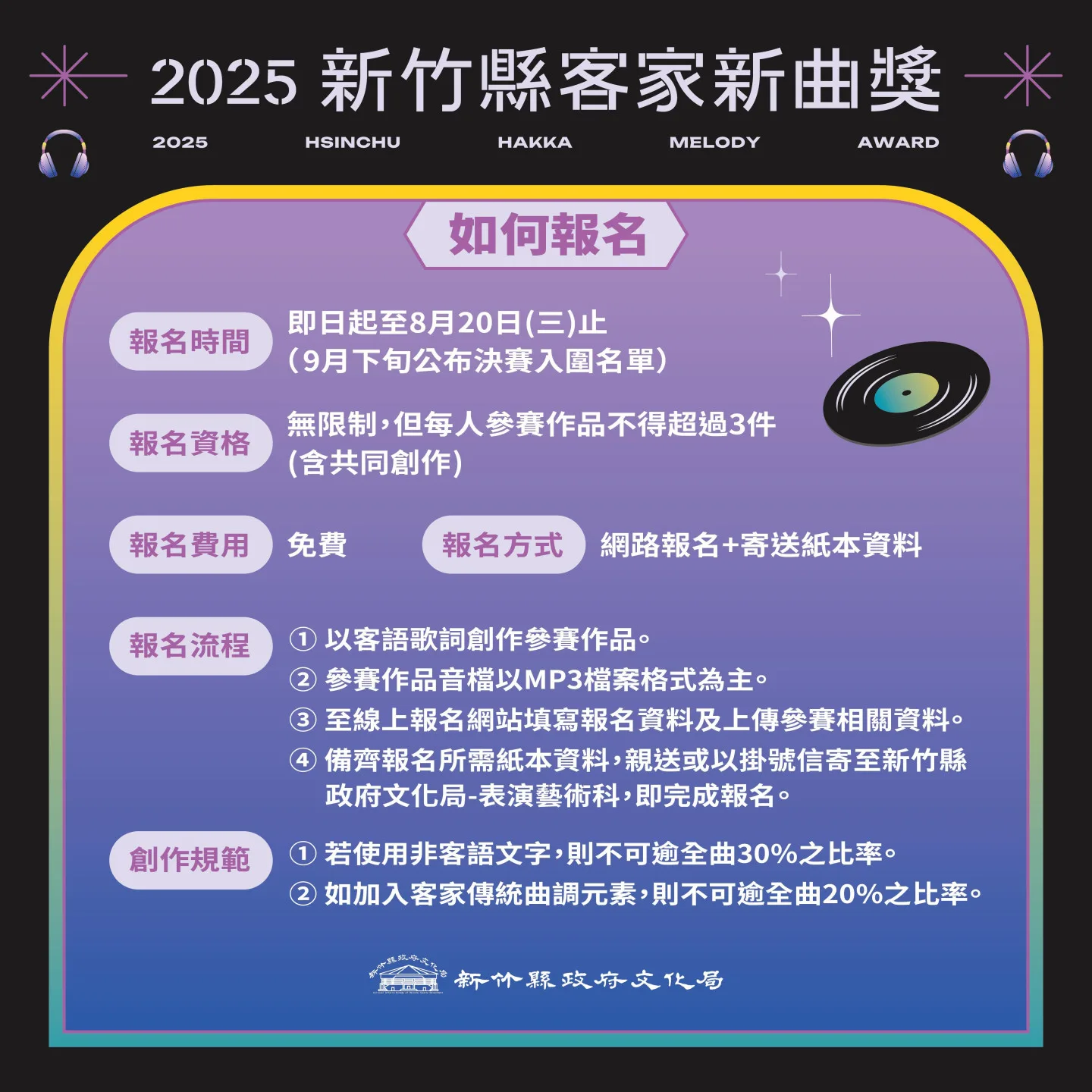 新竹縣文化局舉辦新竹縣客家新曲獎比賽。新竹縣文化局提供