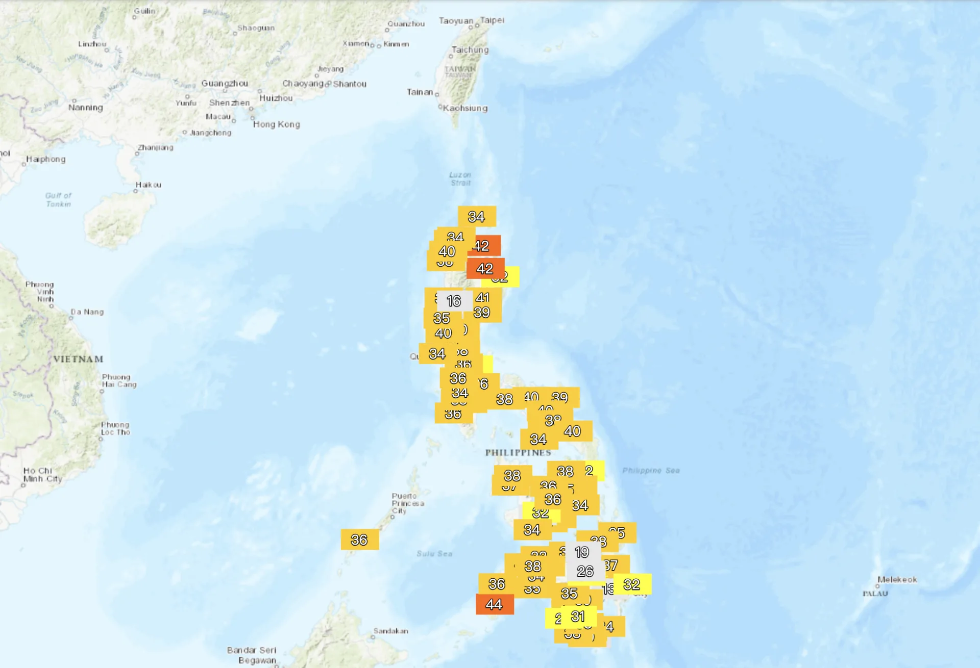菲律賓的自動監測酷熱指數(Heat Index)。翻攝自菲律賓氣象局