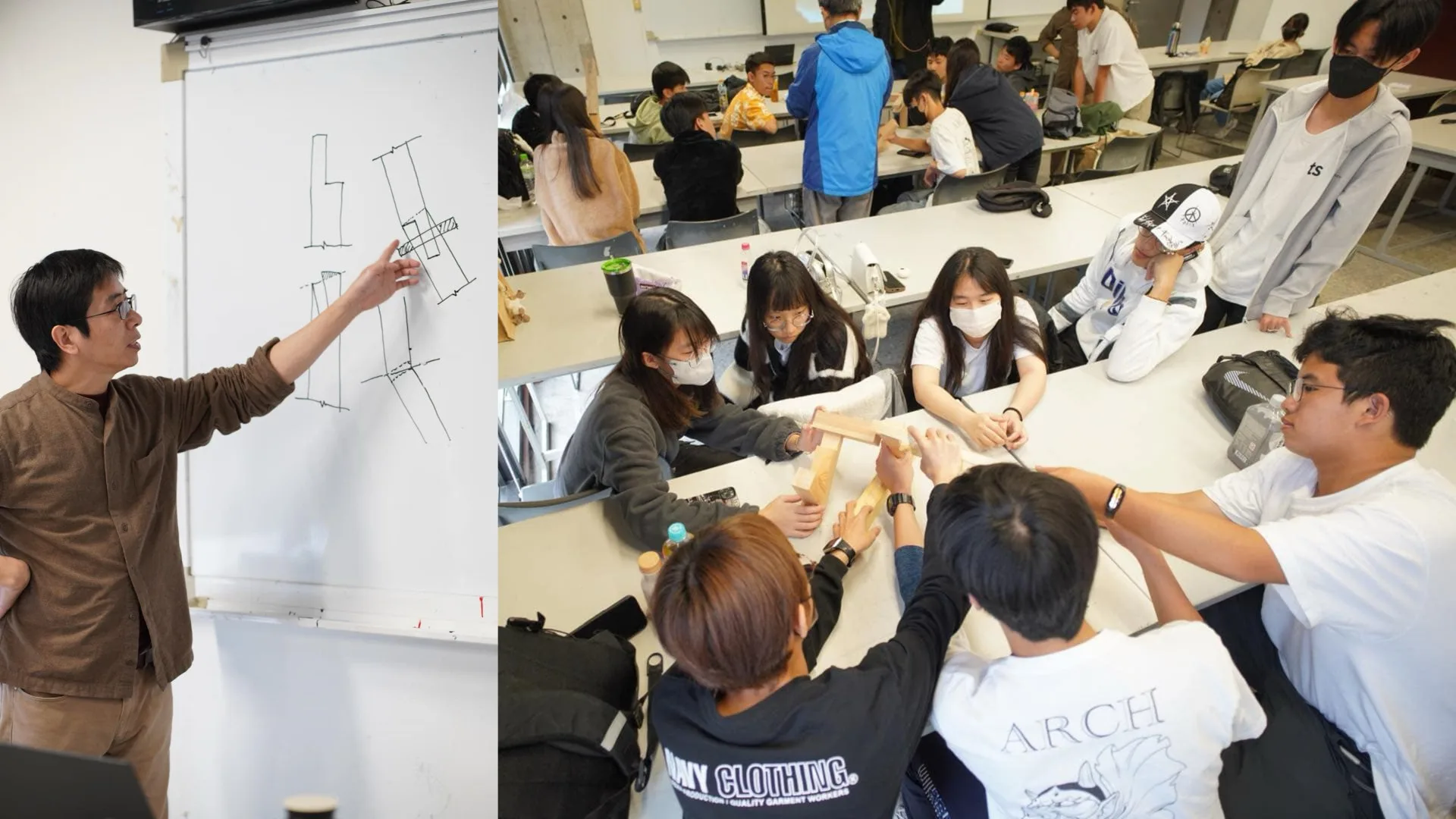 透過台三線藝術季學校媒合,東勢高工建築科學生與第二屆浪漫台三線藝術季《米蝦亭》創作者蕭有志老師學習「簡易萬用木作榫接」工法與美學結構。大茅埔調查團提供