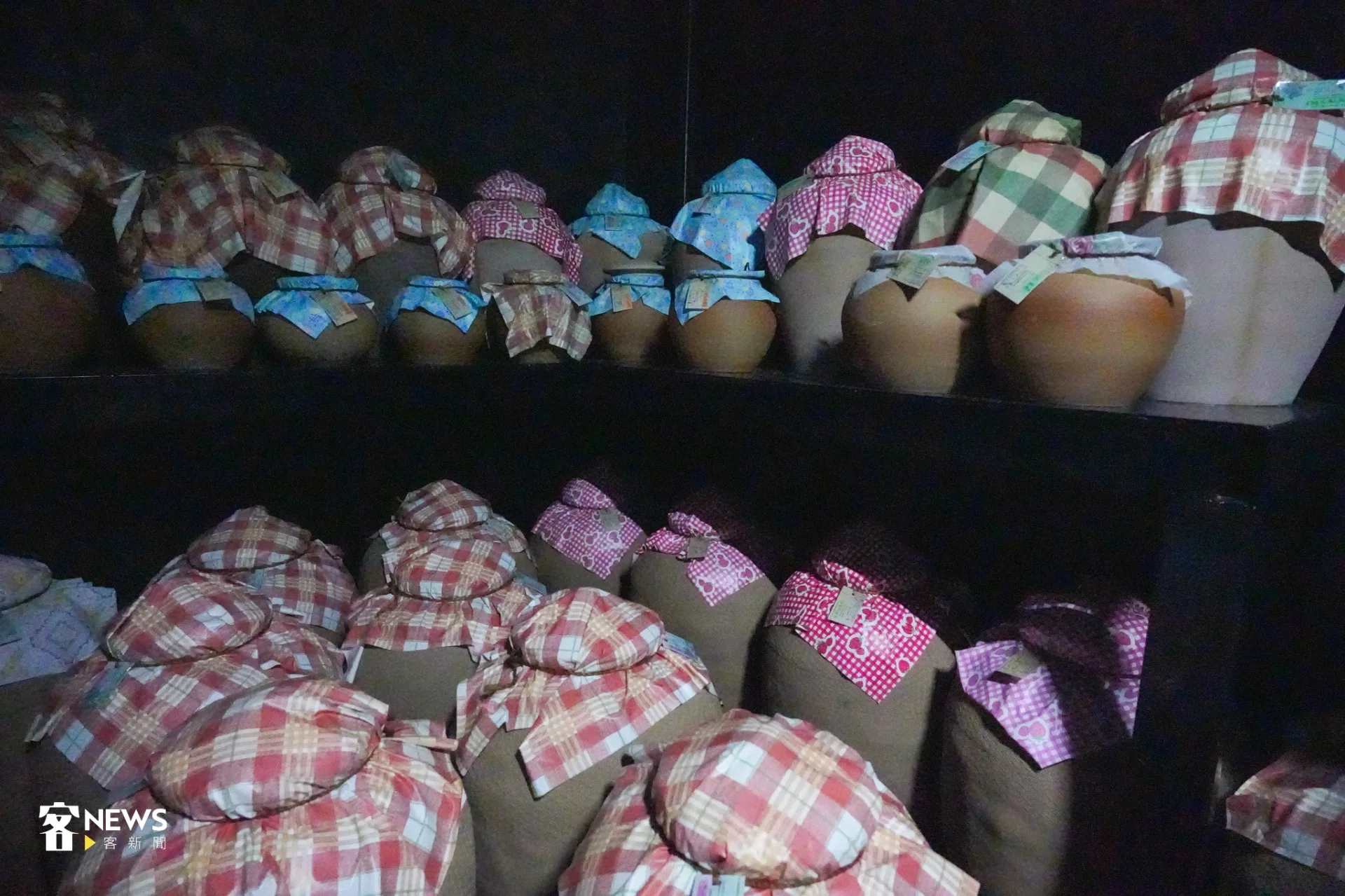 標示不同年份的大小茶甕一字排開。蔡依璇攝