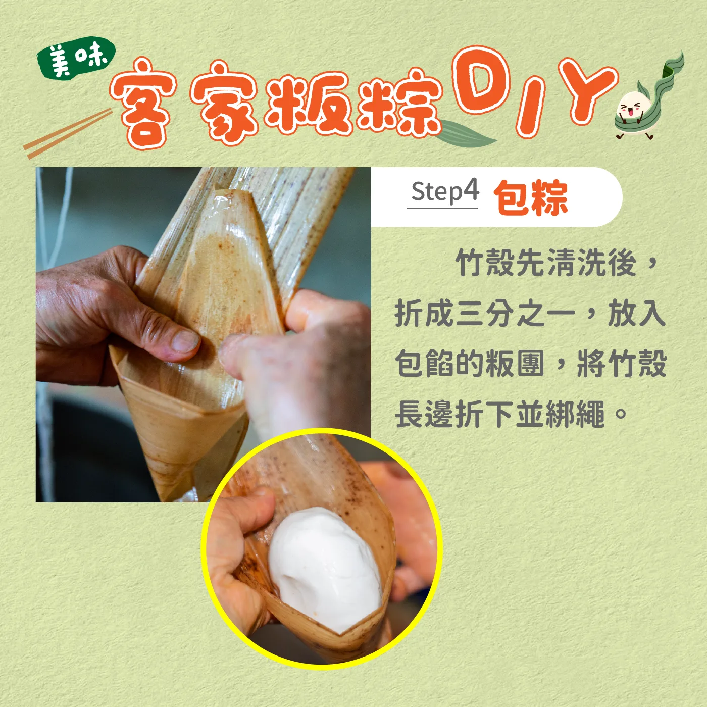 以竹殼包餡,並注意不要包太大顆,以免蒸煮後膨脹擠出粽葉。《客新聞》製圖