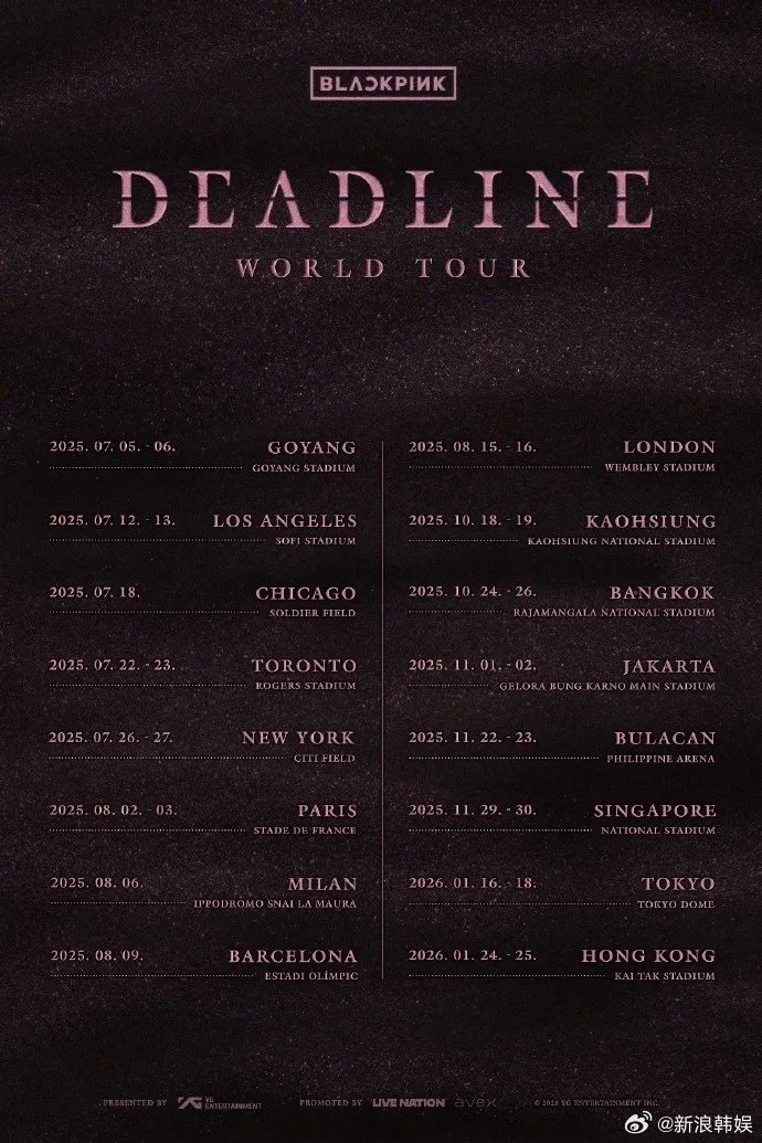 BLACKPINK世界巡迴演場會時程與城市。