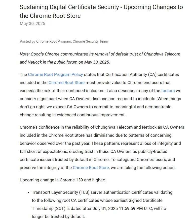 Google公告不再信任中華電信憑證。
