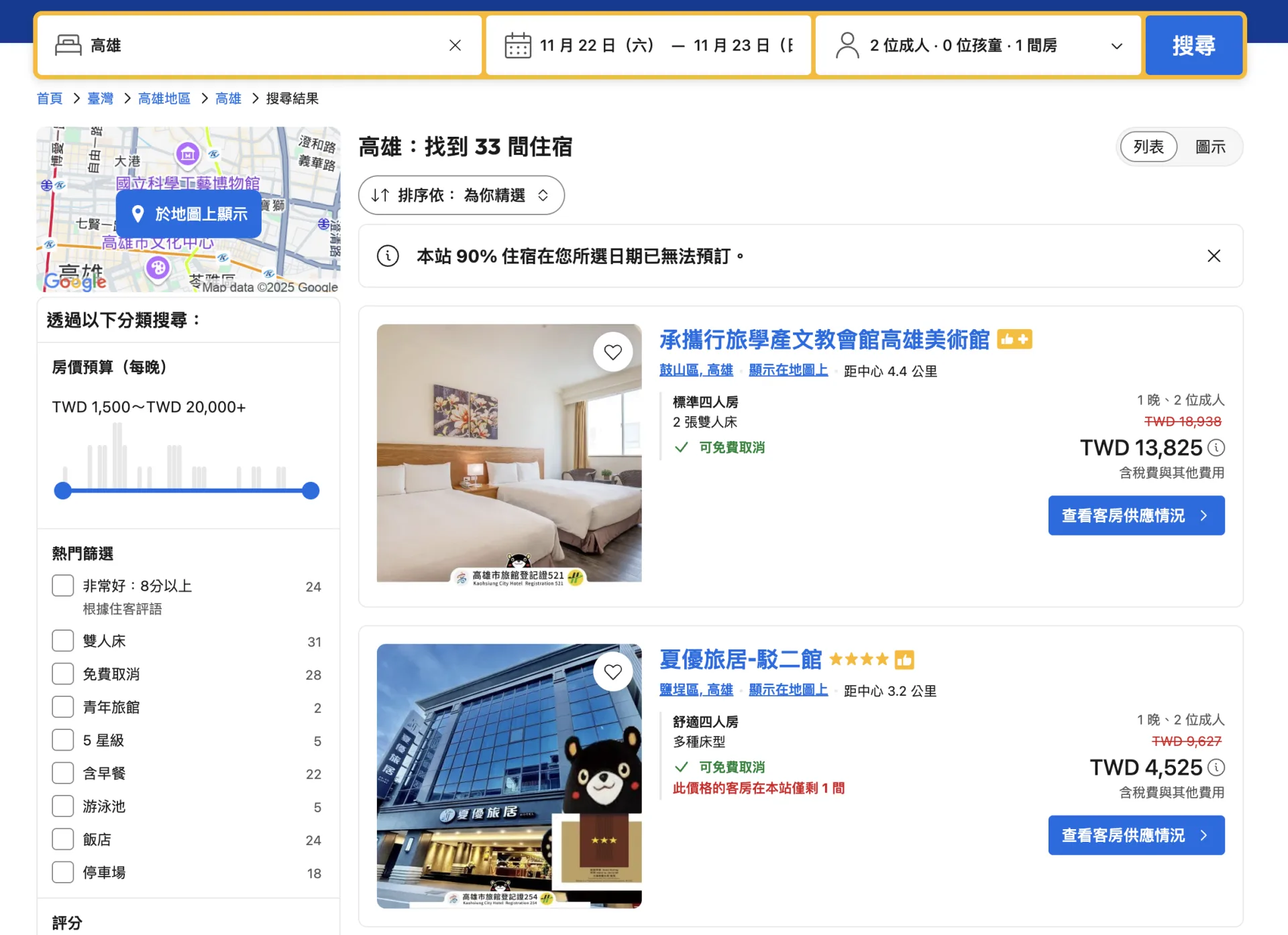 打開訂房網站可見,高雄周邊住宿價格明顯上漲,剩餘房間有限。翻攝自訂房網站