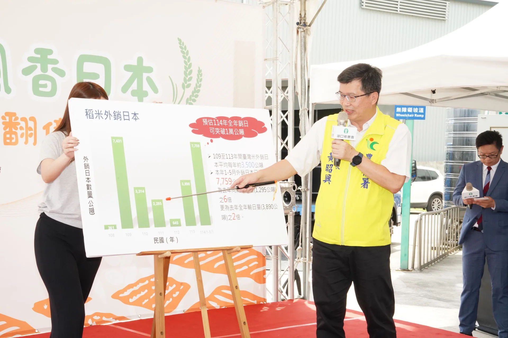 農業部農糧署副署長黃昭星簡報今年稻米出口日本情況。