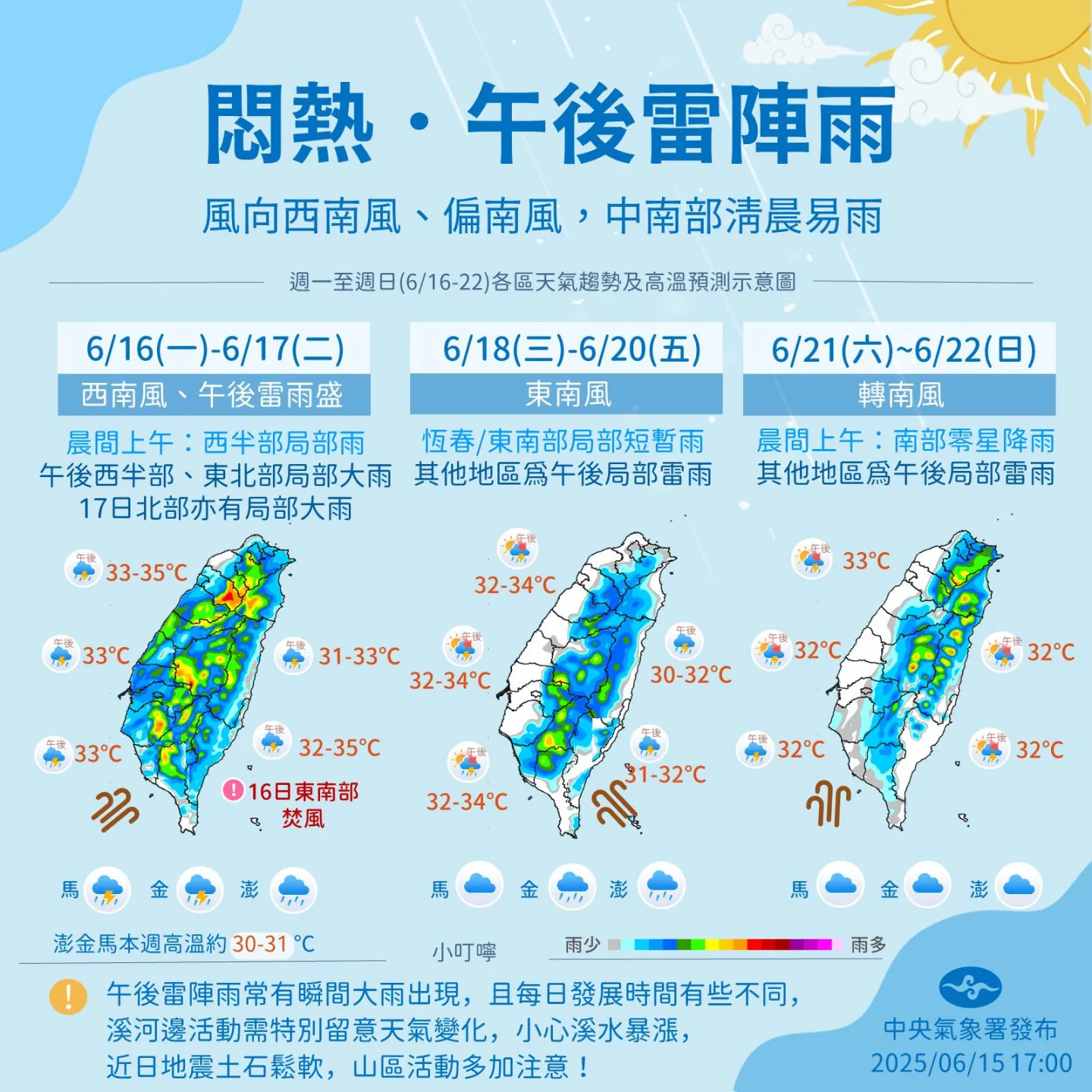 未來一週為悶熱加上午後雷陣雨。中央氣象署提供