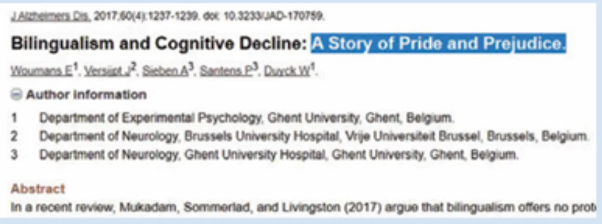 Bilingualism and Cognitive Decline: A Story of Pride and Prejudice的刊頭部分。 藍色背景的部分,是爲强調而加上。朱真一提供