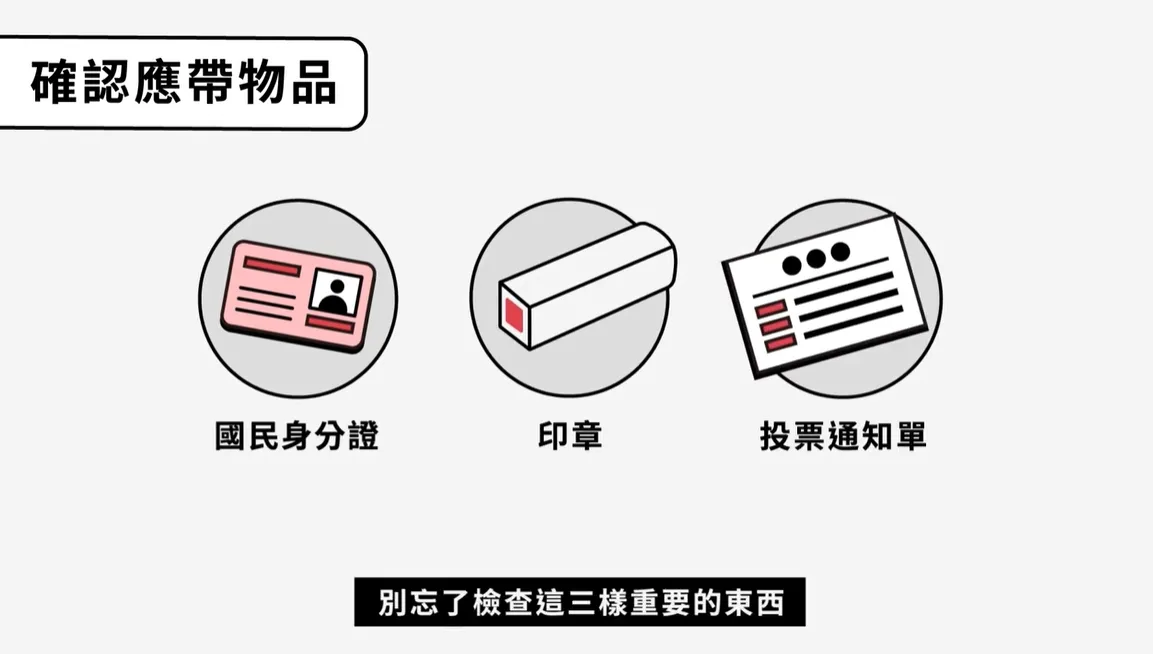 投票三寶：身分證、印章、投票通知單。 圖取自中選會FB