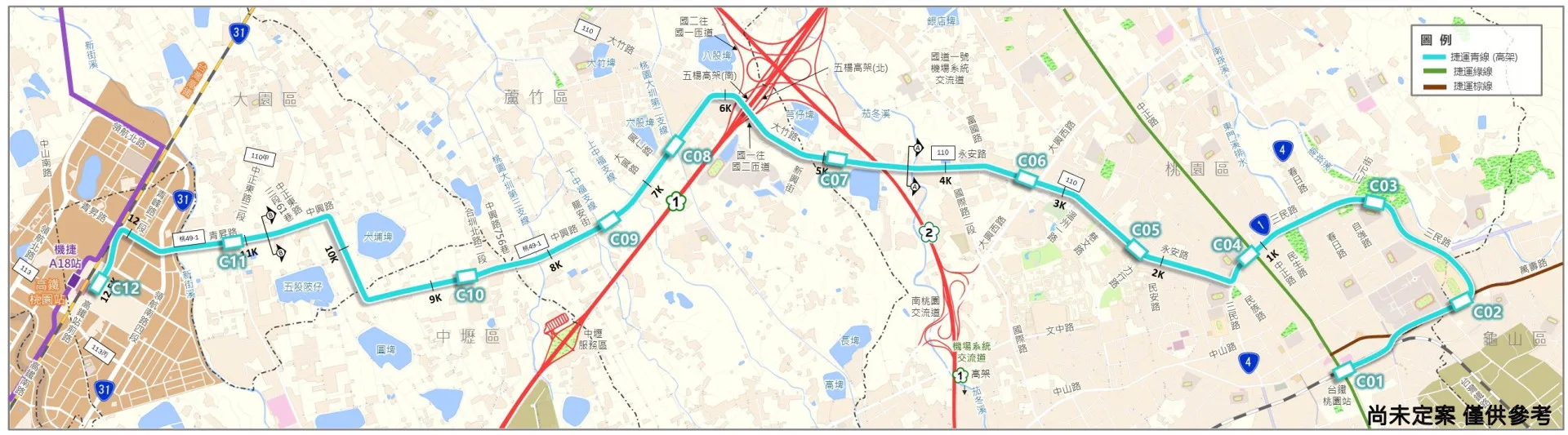 桃園捷運青線路線規劃(未定案)。桃園市政府捷運工程局提供