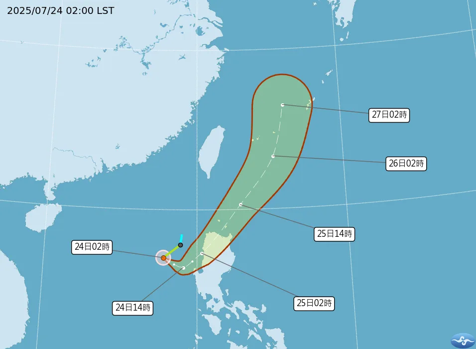 中央氣象署預測輕颱竹節草未來路徑。中央氣象署提供