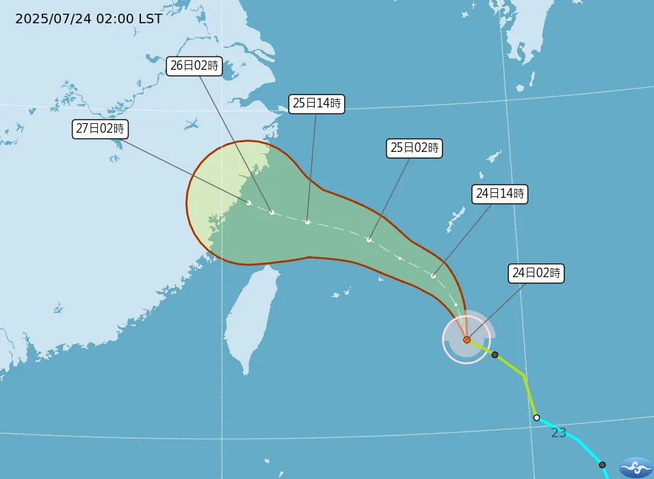 中央氣象署預測輕颱范斯高未來路徑。中央氣象署提供