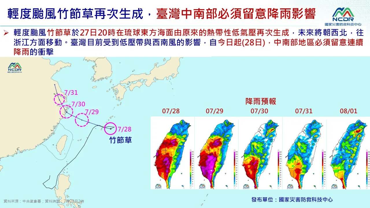 輕颱竹節草再度生成,中南部須留意降雨。國家災害防救科技中心提供