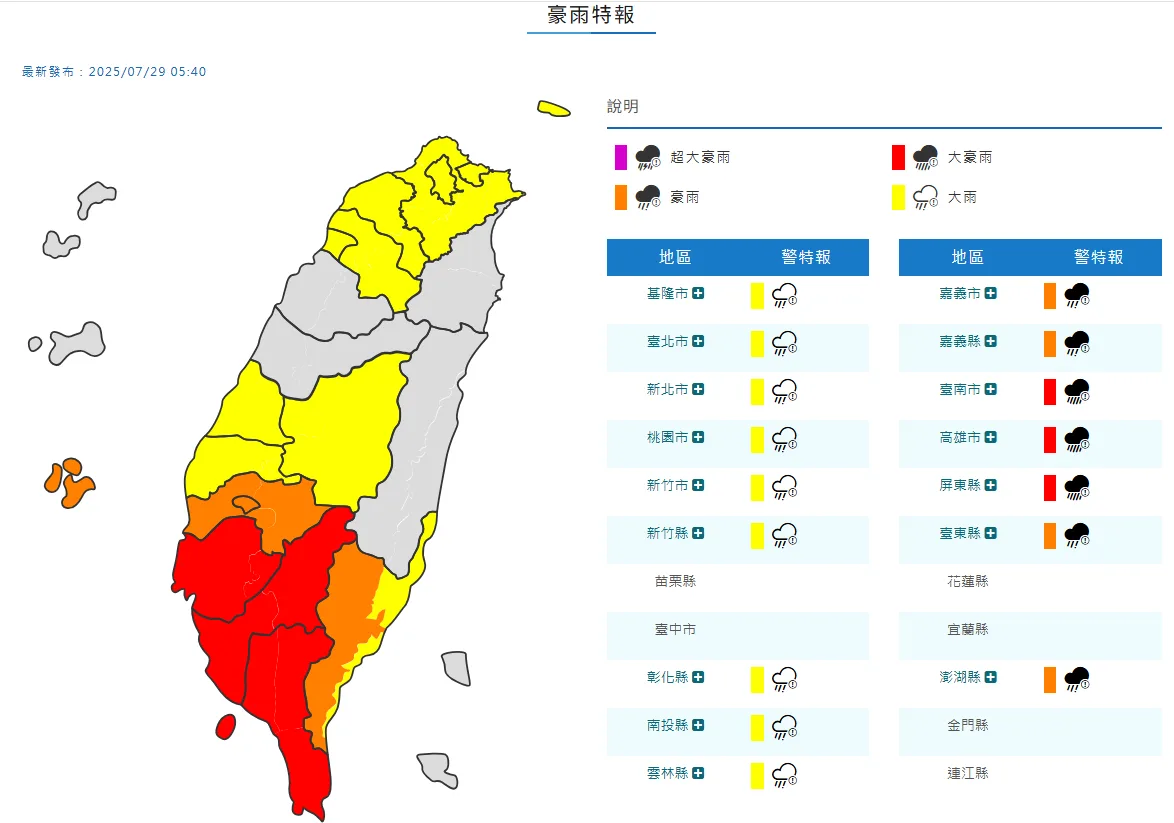 氣象署表示，西南氣流影響，易有大雨或豪雨，局部地區可能有豪雨等級以上降雨，請注意短延時強降雨。氣象署提供