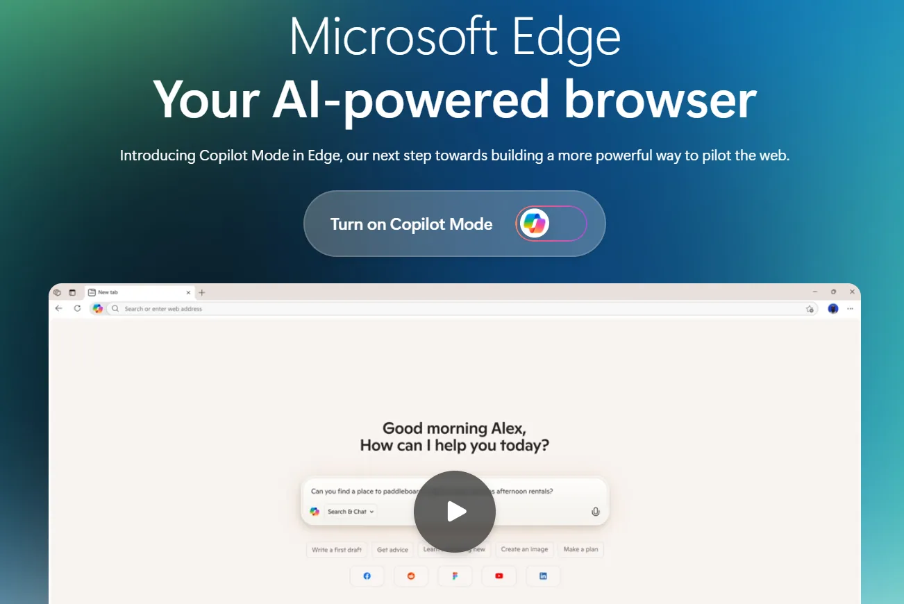 微軟宣布在EDGE瀏覽器推出Copilot模式　支援AI搜尋功能。翻攝畫面