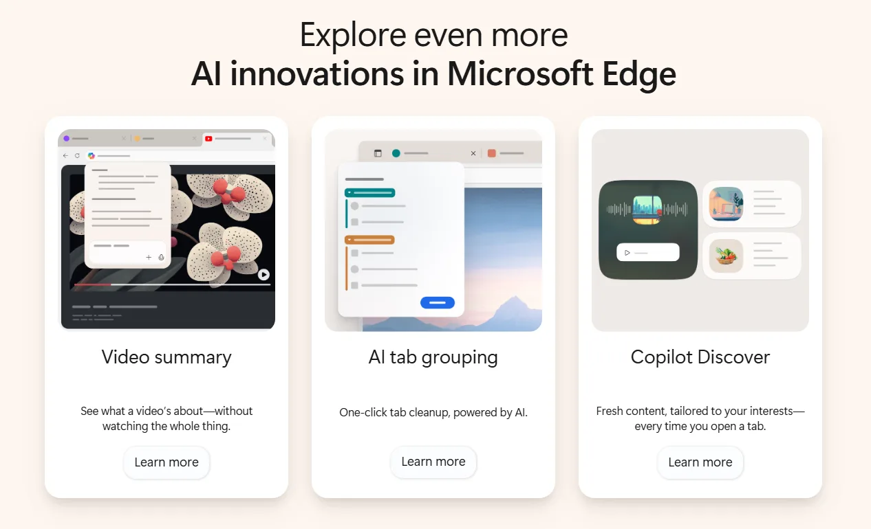 微軟宣布在EDGE瀏覽器推出Copilot模式　支援AI搜尋功能。翻攝畫面