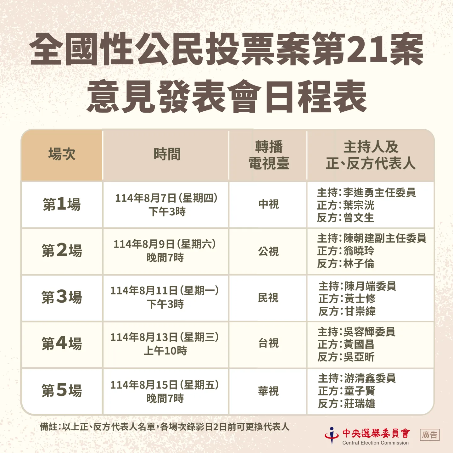 0731(核定)公投發表會日程表。中選會提供