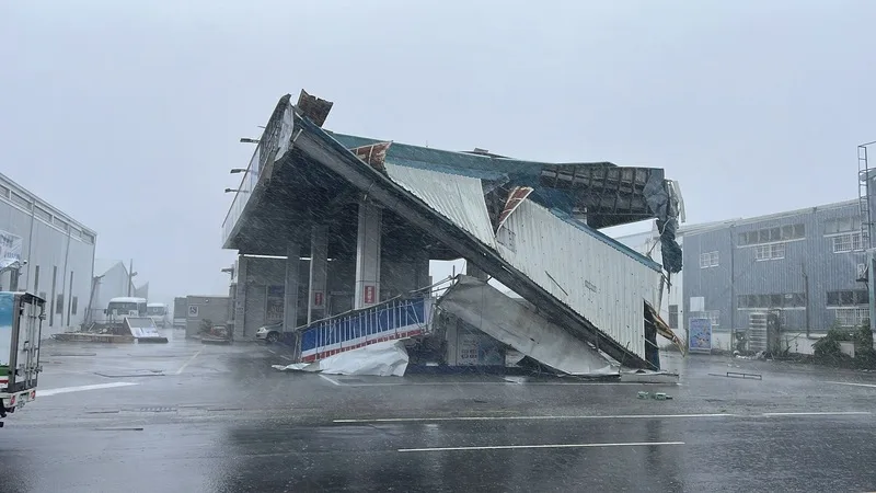 颱風楊柳在台東縣蘭嶼、綠島造成17級強陣風,多處鄉鎮也有14級風力,台東市更生北路上一處加油站屋頂遭吹毀。中央社
