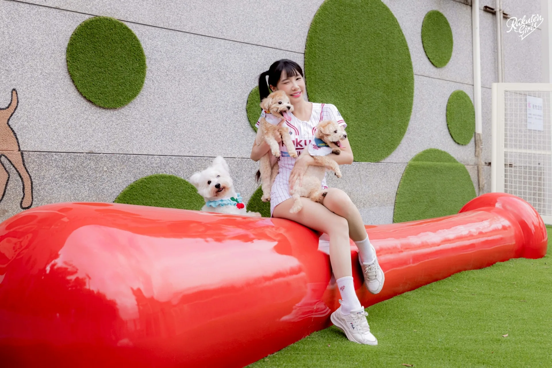 配置長椅與毛孩專屬休息小屋，讓主人安心觀賽、毛孩舒適陪伴。翻攝自Rakuten Monkeys臉書粉絲專頁