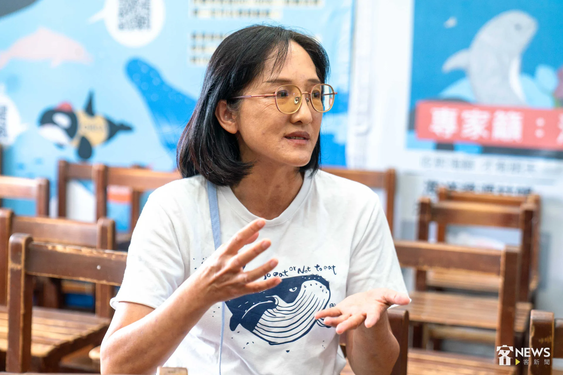 鯨豚知識豐富的何姿樂，為了客語導覽，事前做了不少功課。李台源攝