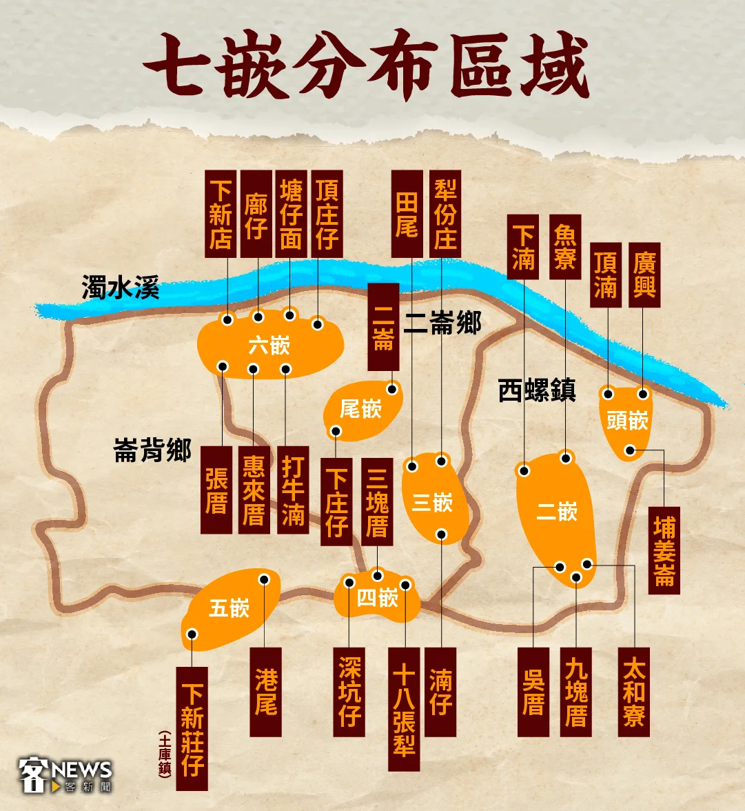 西螺七崁分布位置圖。《客新聞》製