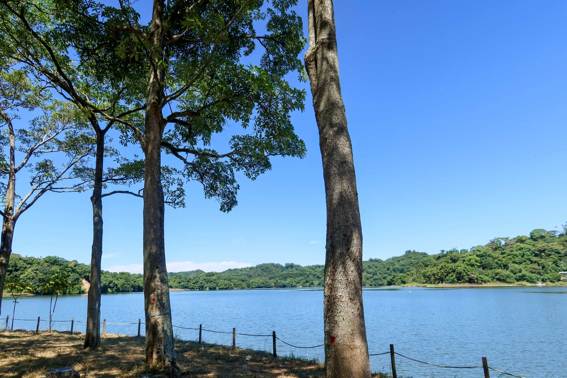 明德水庫北岸黃屋伙房前的湖面風光。何來美攝