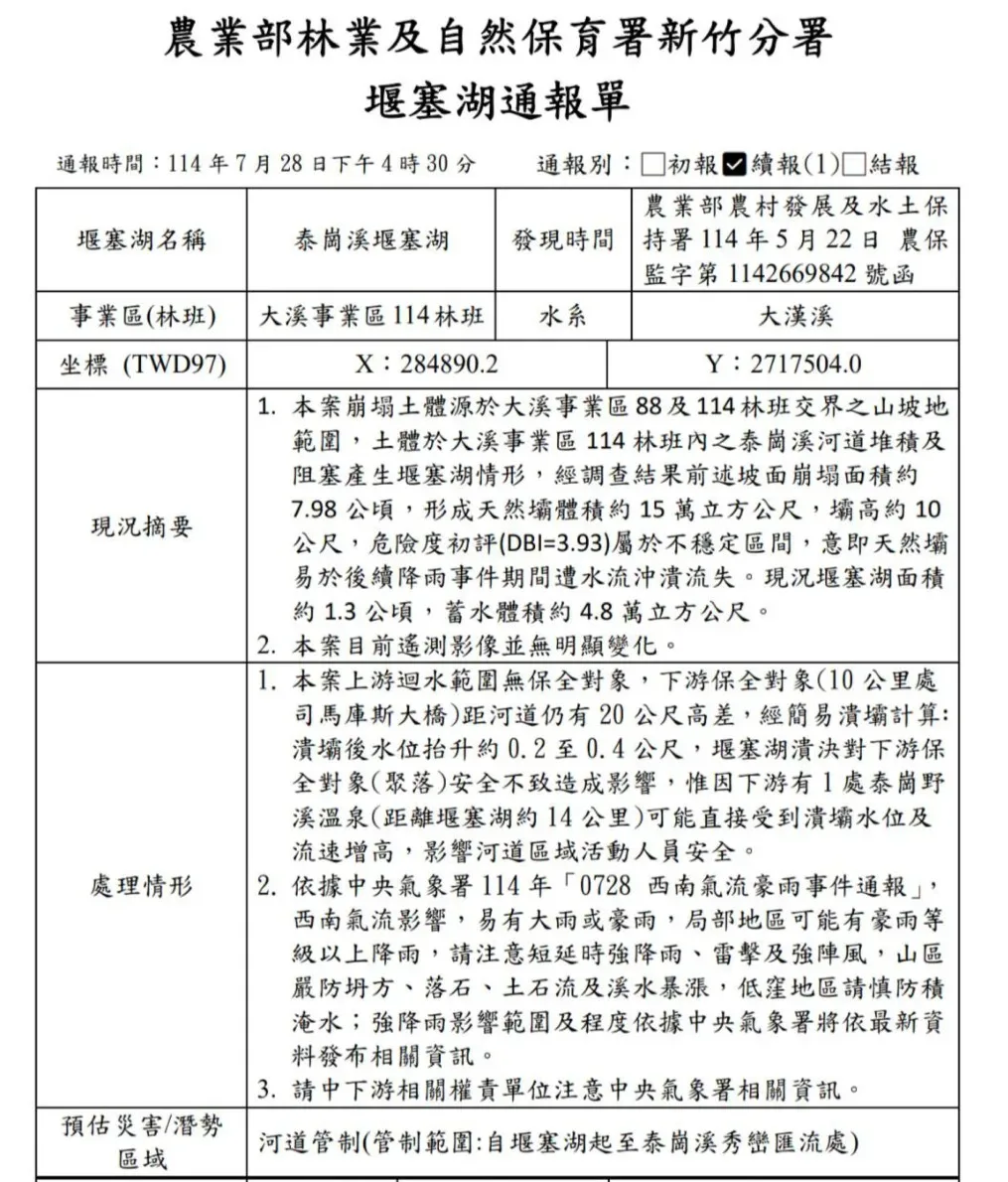 泰崗溪堰塞湖通報單