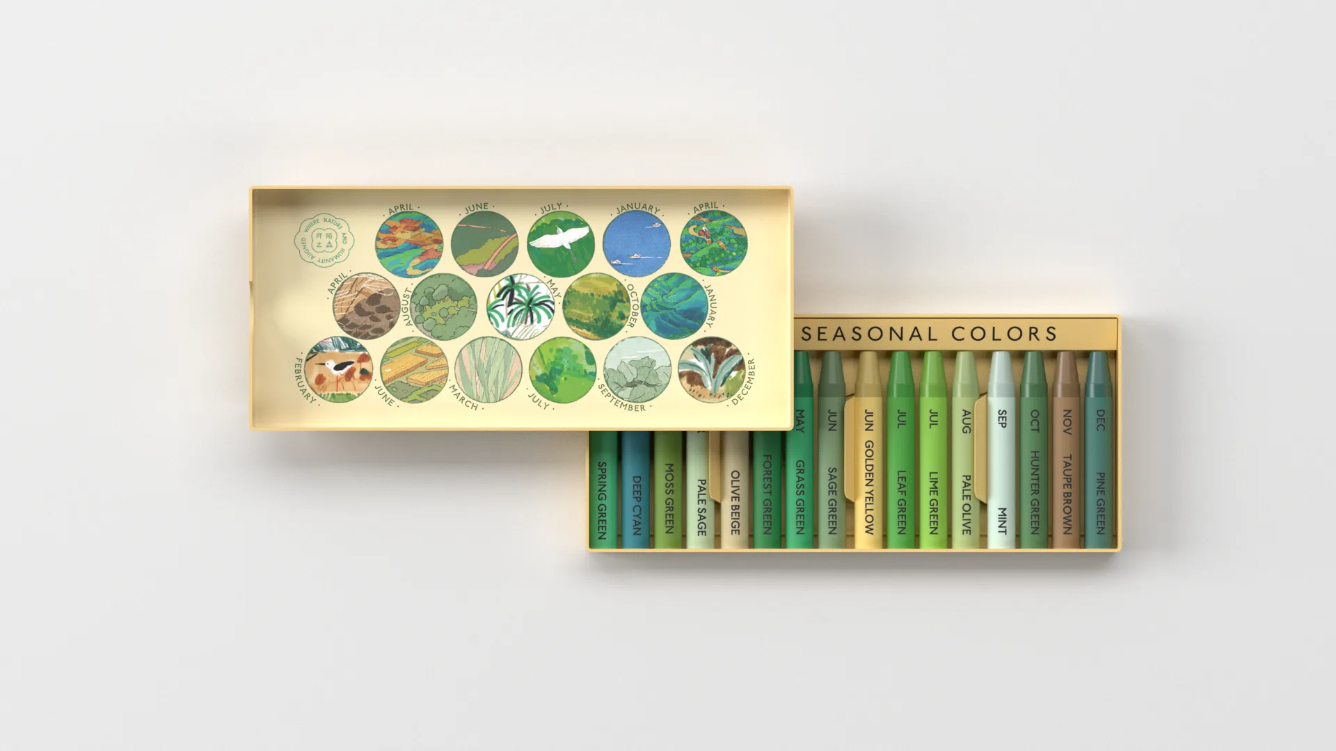 16色米蠟筆，顏色擷取自「阡陌之森」精選全台12條國土綠網保育軸帶插畫。林保署提供