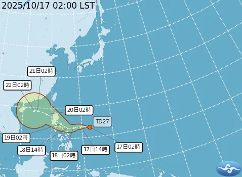 熱帶性低氣壓行進路徑預測。中央氣象署提供