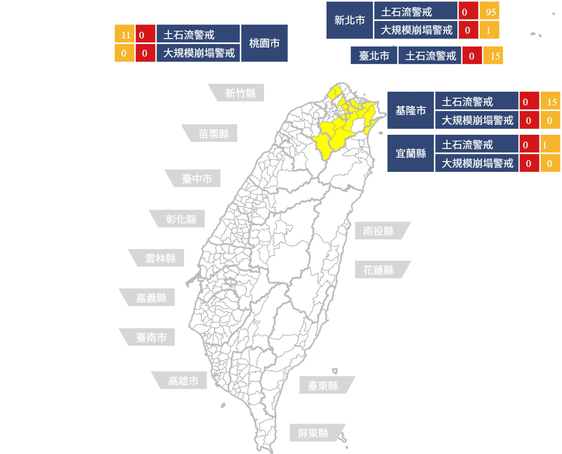 農業部農村發展及水土保持署今天下午發布最新土石流黃色警戒，土石流潛勢溪流增至137條。農業部提供