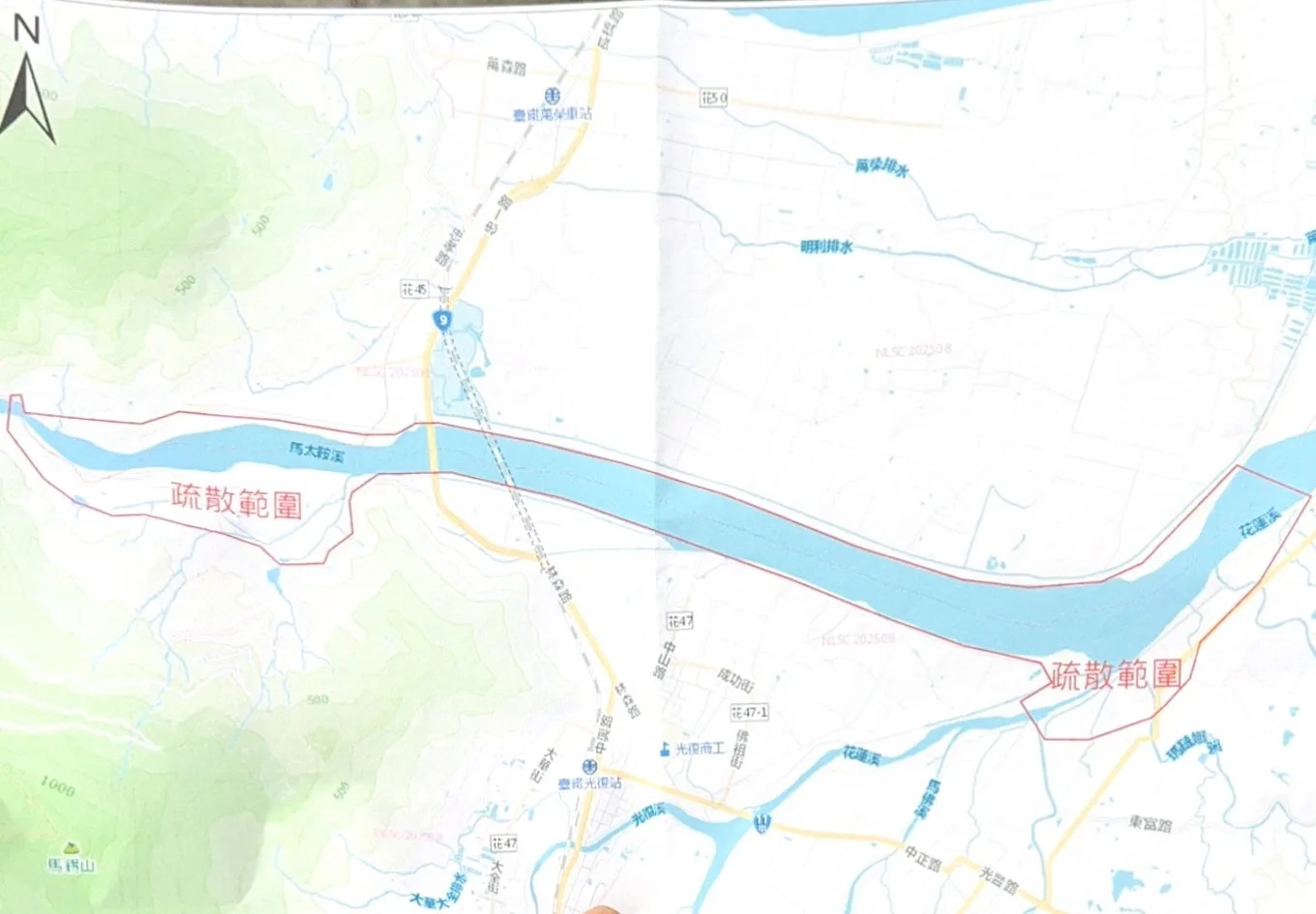 馬太鞍溪新形成的堰塞湖疏散範圍。