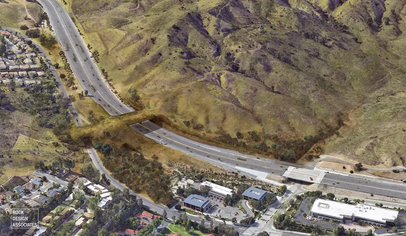 華立斯．安納伯格野生通道預計2026年完工，連結兩個山脈的生態環境。圖為工程示意圖。Ｒock Design Associates與國家野生動物聯盟提供