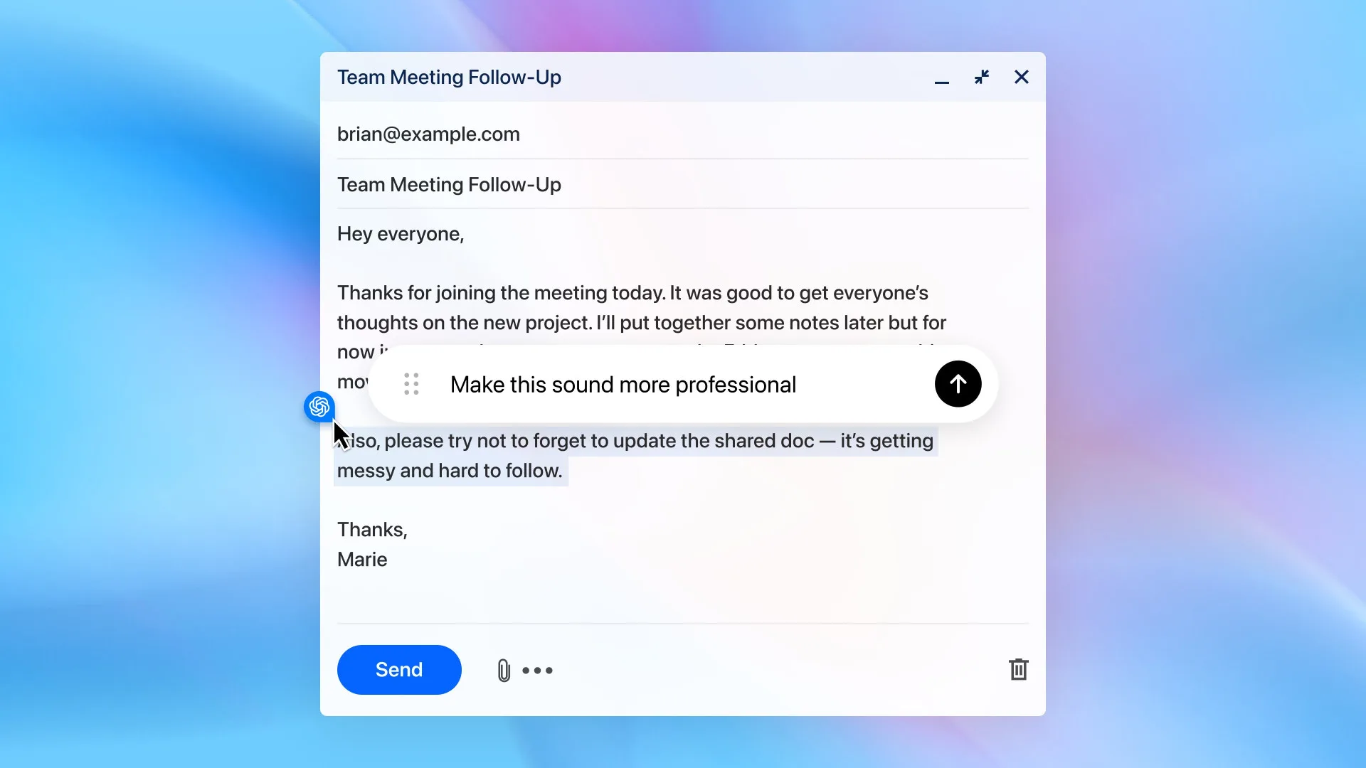 使用者在撰寫郵件、文件或社群貼文時，只要選取文字，即可呼叫 ChatGPT 進行改寫、潤飾、摘要或翻譯。翻攝自OpenAI X