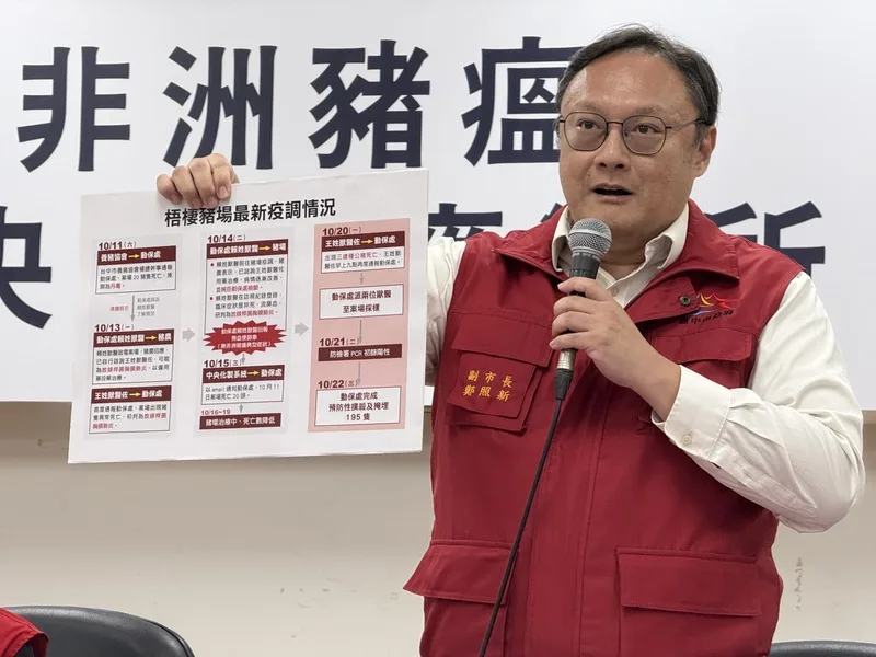 台中梧棲一處養豬場確診非洲豬瘟,非洲豬瘟中央前進應變所28日在農業部動植物防疫檢疫署台中分署召開記者會,農業部次長杜文珍、台中市副市長鄭照新(圖)等人出席,鄭照新說明最新疫調情況。中央社