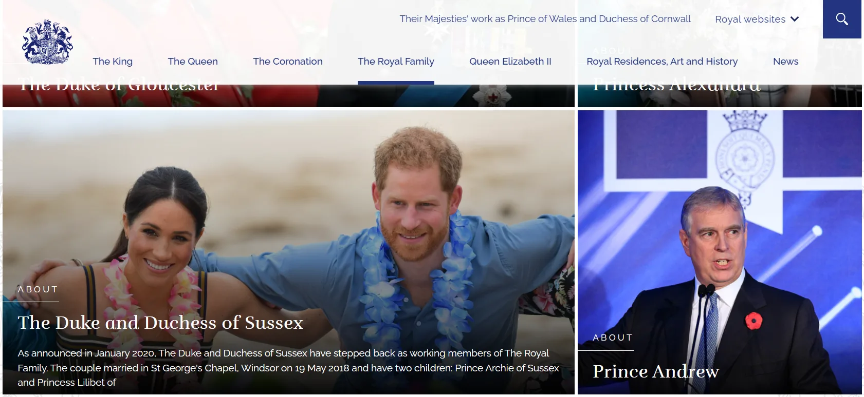 英國王室官網尚未撤下安德魯王子的相關介紹。翻攝英國王室官網
