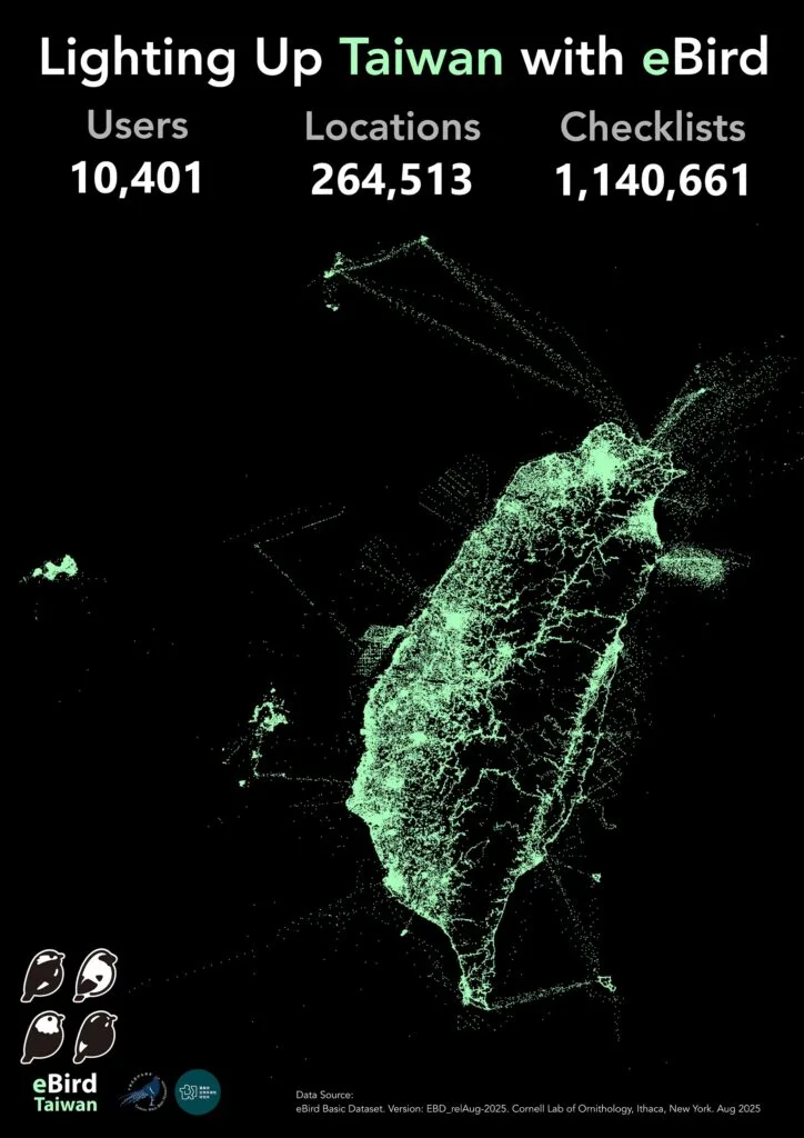 台灣賞鳥社群貢獻的資料量點亮台灣。翻攝eBird Taiwan官網