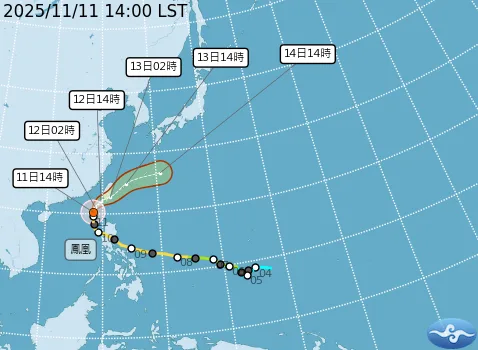 鳳凰颱風預測行進路線圖。中央氣象署提供