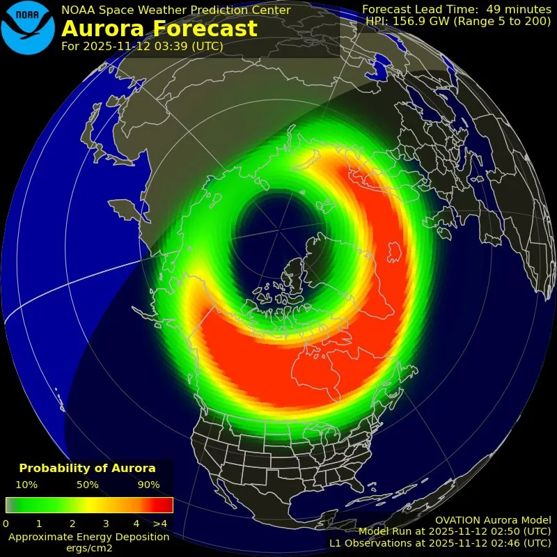 美國國家海洋暨大氣總署太空天氣預報中心預測這波地磁風暴可看到極光範圍。