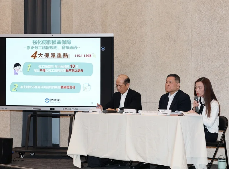 勞動部20日下午舉行「長榮航空組員病故事件訪談與調查結果與強化病假權保障新措施」說明會，指長榮航空涉違反勞動基準法。圖左至右分別是：職業安全衛生署署長林毓堂、勞動部次長李健鴻、勞動條件及就業平等司司長黃琦雅。中央社